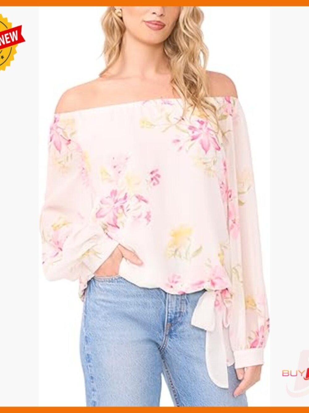 Off Shoulder Long Sleeve Blouse Tie Waist Floral Print Polyester
